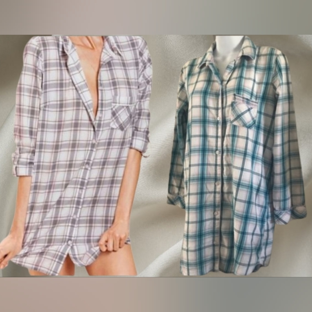 Victoria's Secret Teal/ White Flannel Plaid Shirt Dress Night Gown
